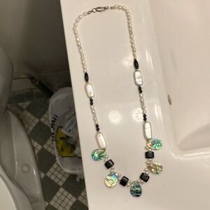 Abalone teardrop beads with mother of pearl, black onyx, and crystals necklace.
